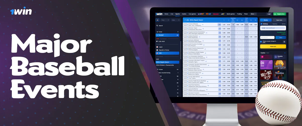 Major baseball tournaments and competitions available for 1win betting