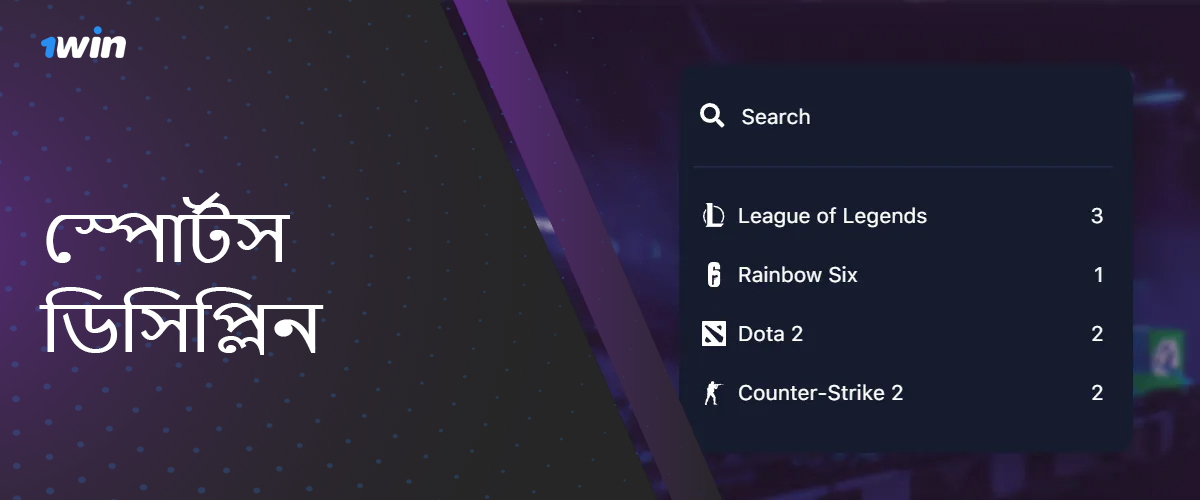 1win অনলাইন বুকমেকারের ওয়েবসাইটে বাজি ধরার জন্য Esports ডিসিপ্লিন উপলব্ধ