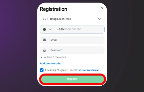 Tap Register on 1Win